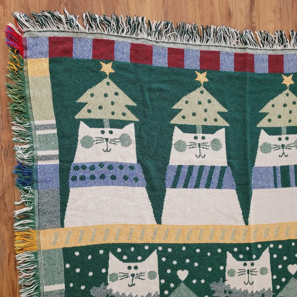 Crown Crafts Throw Blanket Noel Cats Pat Meyers Vintage Christmas Holiday NEW